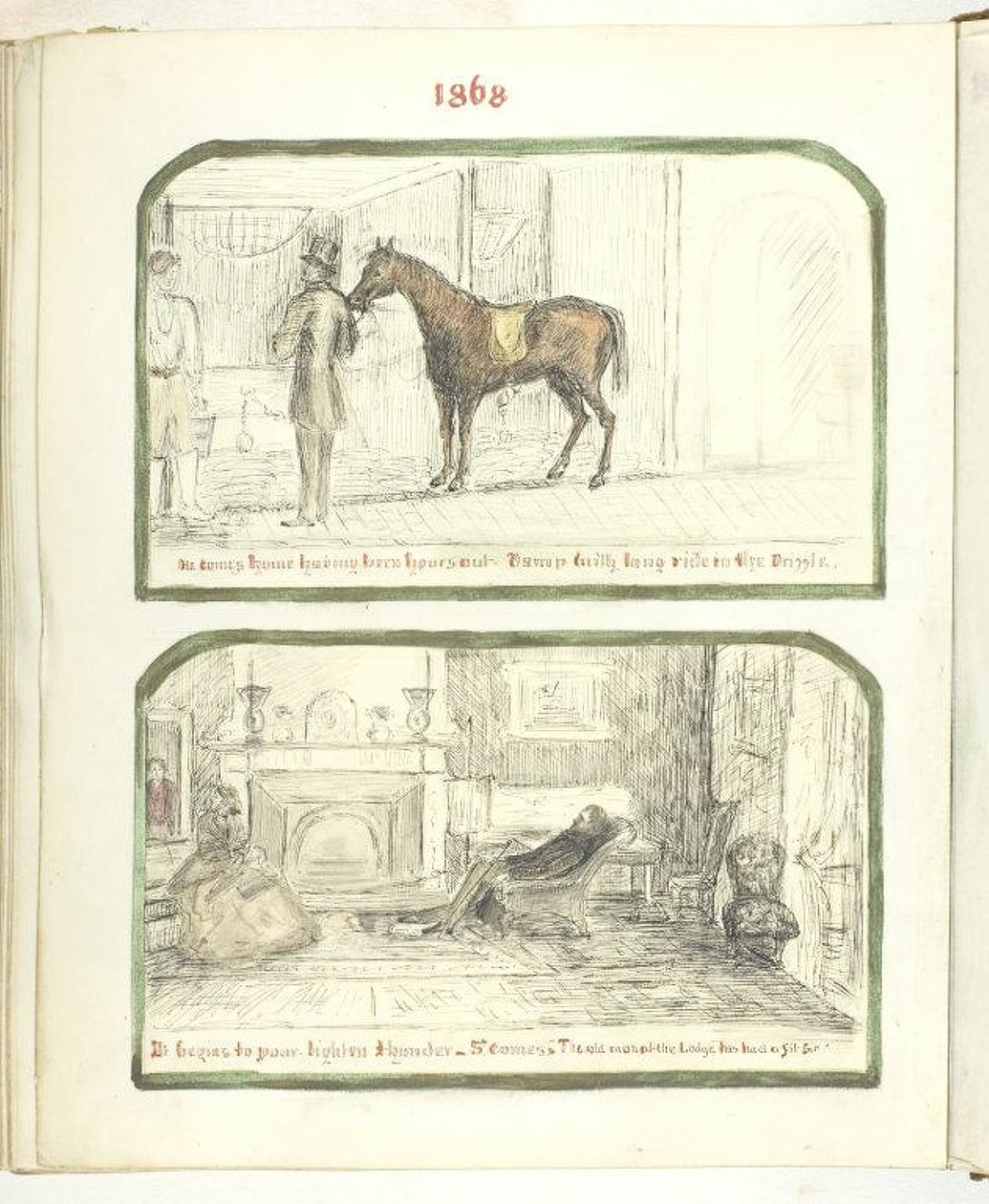 Uden titel [mand med hest og par slapper af ved bålet], 1868. af Georgina Cowper