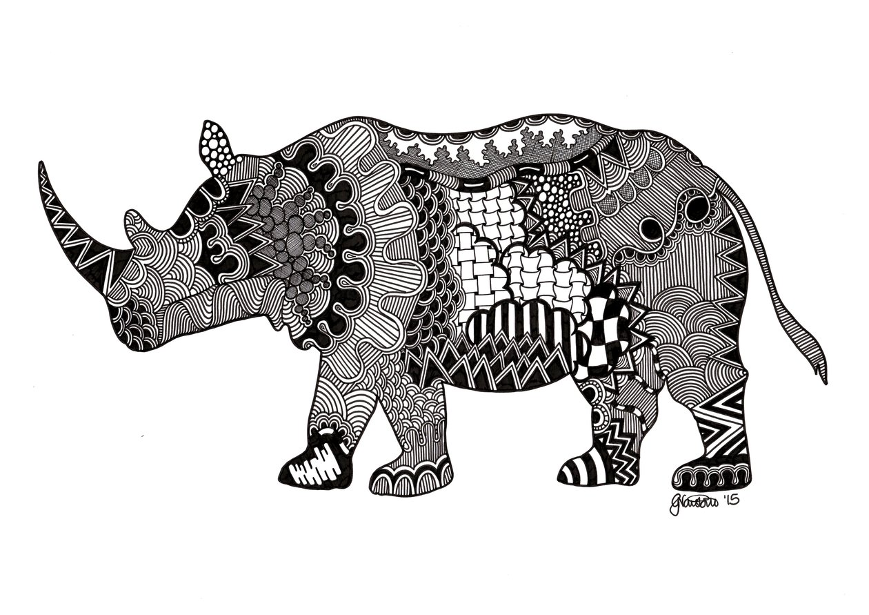 The Rhino, 2015 (blæk på bristolplade) af Georgina Naisbitt