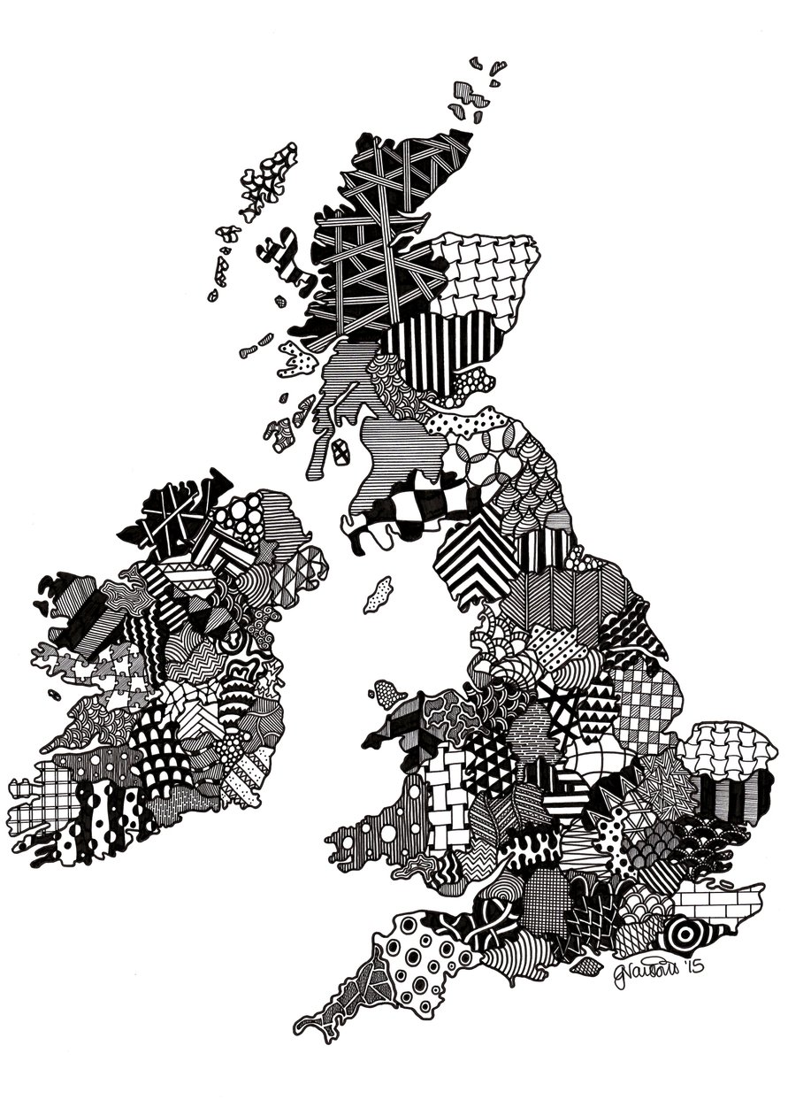 Storbritannien, 2015 (blæk på bristolplade) af Georgina Naisbitt