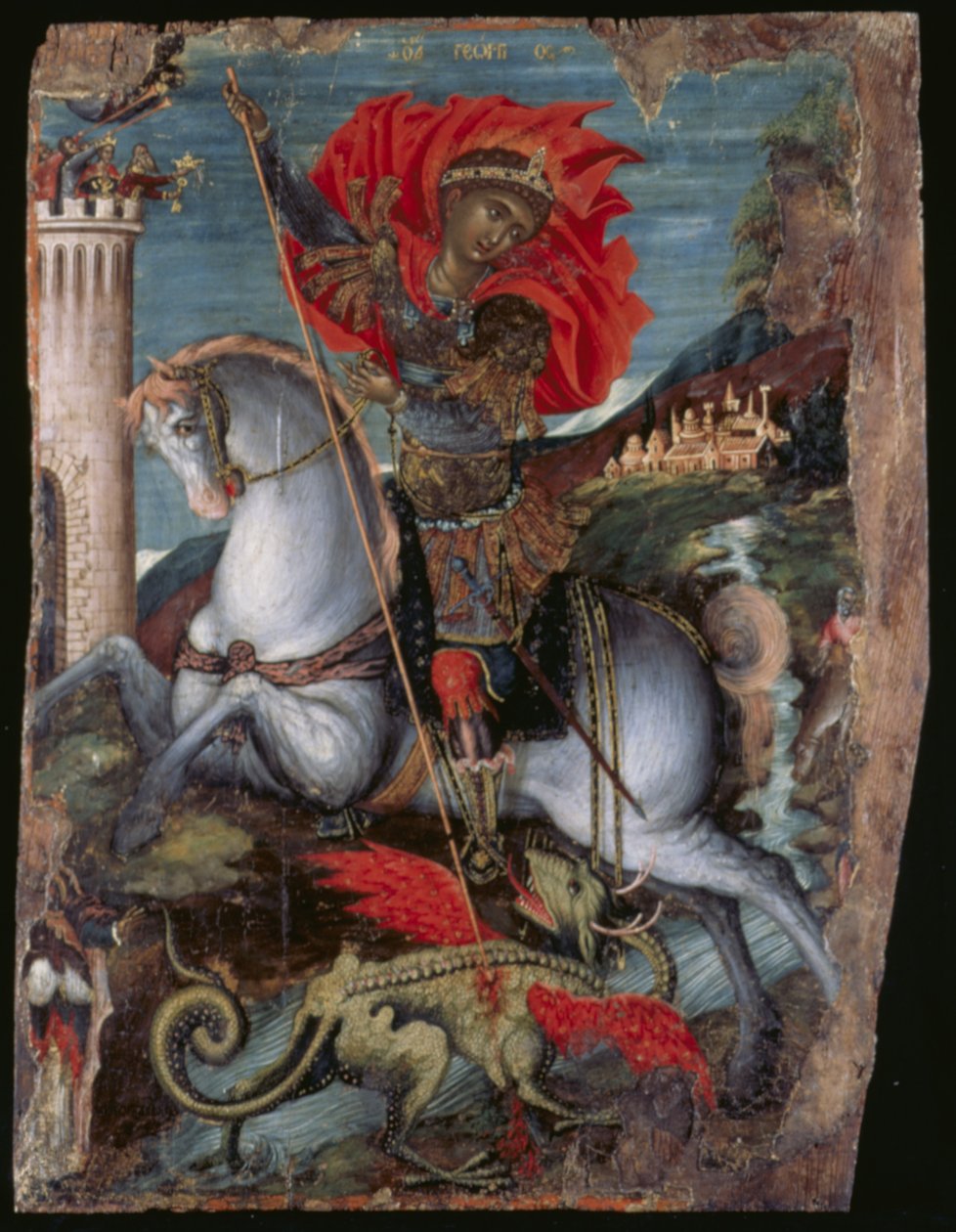 Ikon for St. George på hesteryg, der dræber dragen (ægtempera på panel) af Georgios Klontzas