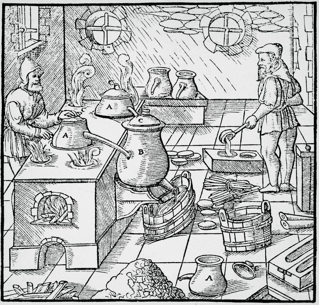 Kaiverrus De re metallicasta (Metallien luonnosta), Georg Pawer tai Georgius Agricola (1494-1555), julkaistu Baselissa af Georgius Agricola