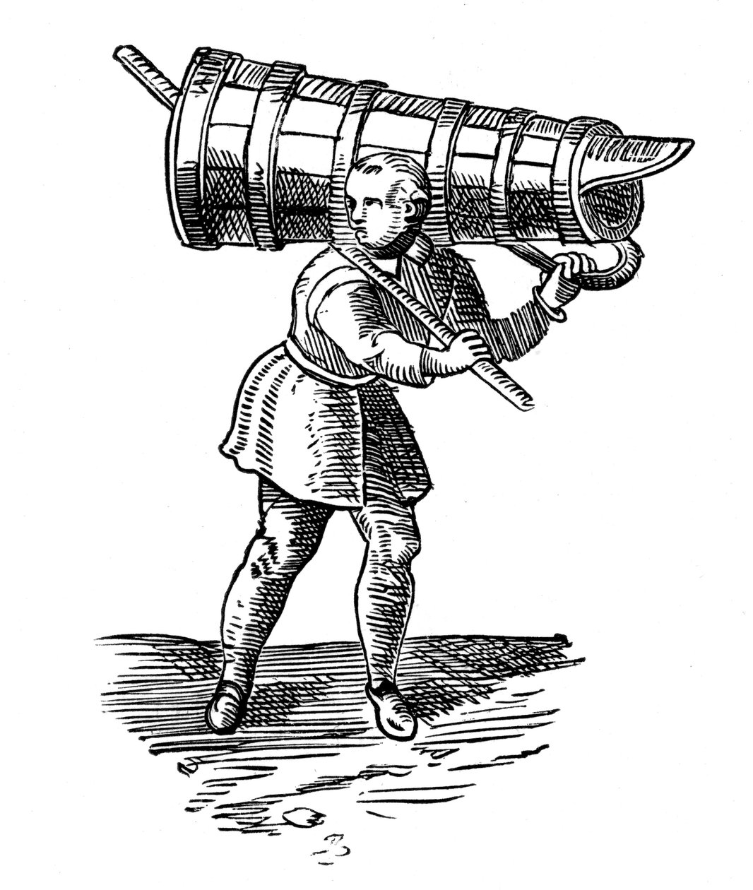 En lærling, med et trækar så højt som ham selv, på vej for at hente vand, 1572 af Georgius Braun