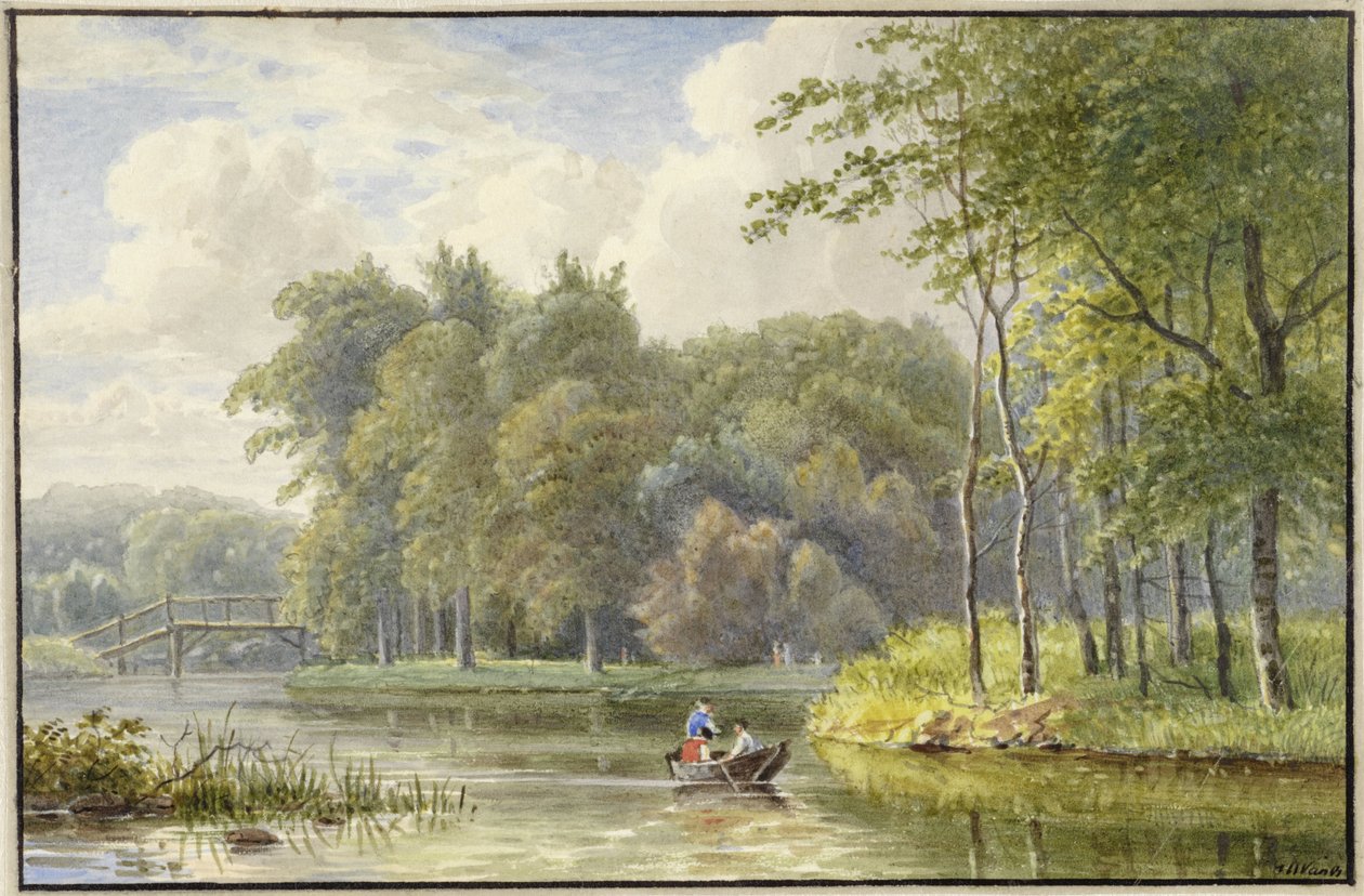 Landskab med figurer i en robåd af Georgius Jacobus Johannes van Os