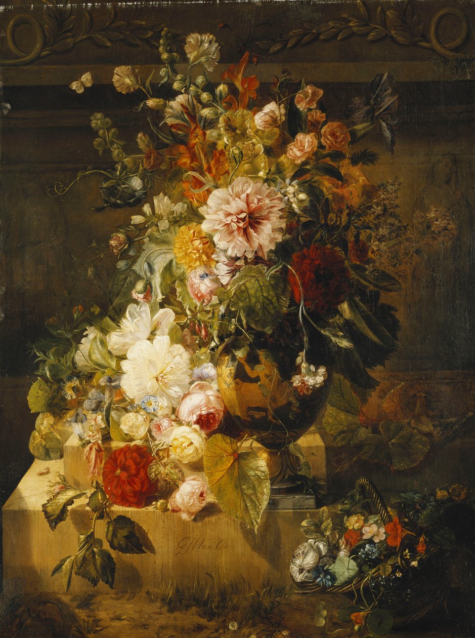 Roser, convolvuli, nelliker, stokroser, pæoner, syren og andre blomster i en vase, af Georgius Jacobus Johannes van Os