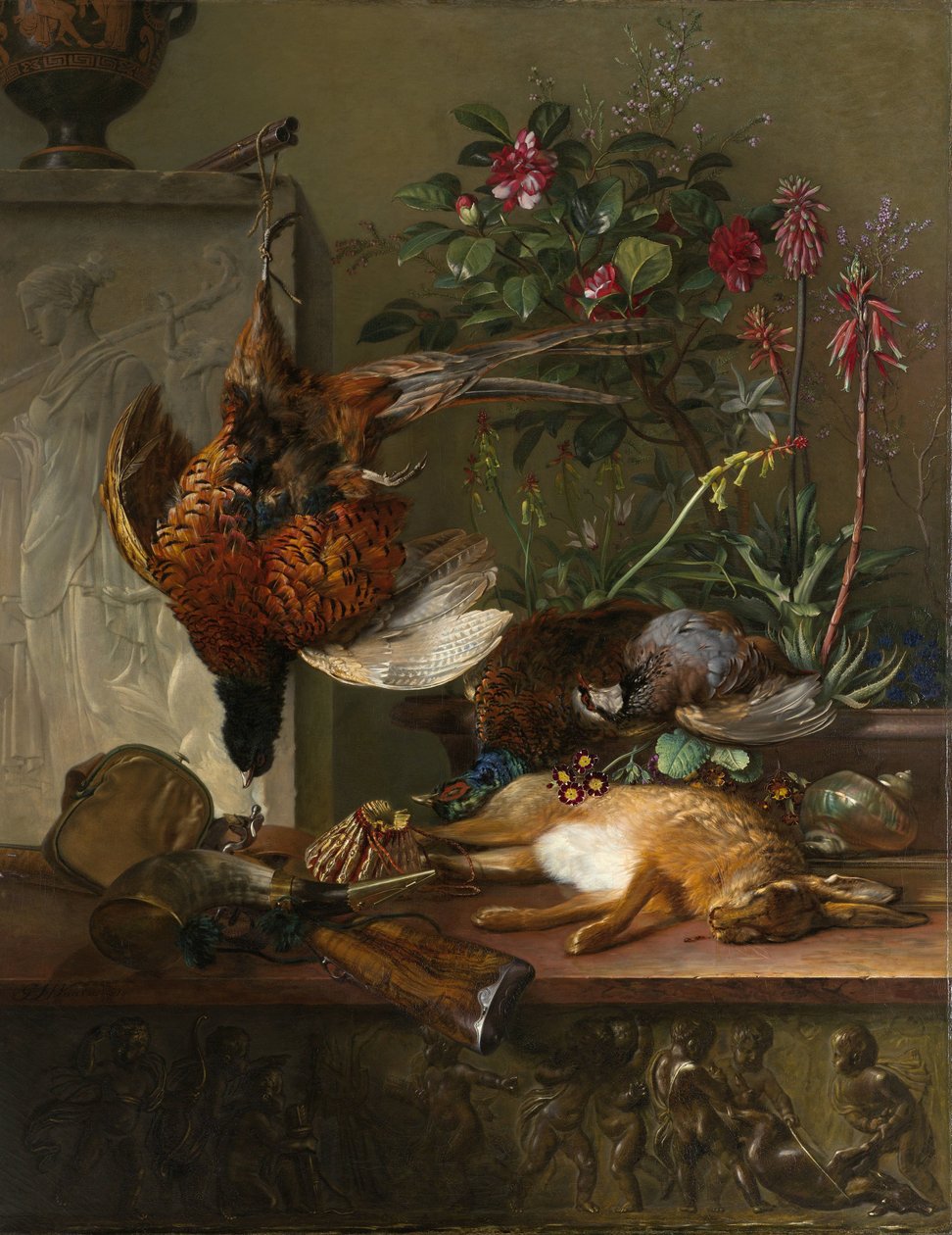 Stilleben med vildt og en græsk Stele: Allegory of Autumn Stilleben med bytte og græsk stela: allegori om efteråret af Georgius Jacobus Johannes van Os