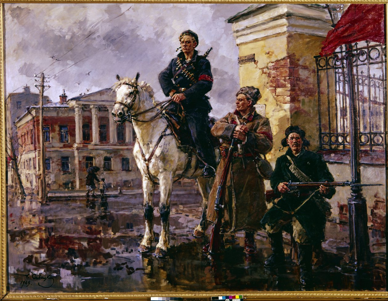 Russisk revolution i oktober 1917: ""de første dage af oktober"" (De første dage af oktober). Erobringen af ​​Vinterpaladset i Sankt Petersborg den 25. oktober 1917, et angreb ledet af de røde garder og bolsjevikkerne. Maleri af George (Georgy, Georgi) af Georgiy Konstantinovich Savitsky