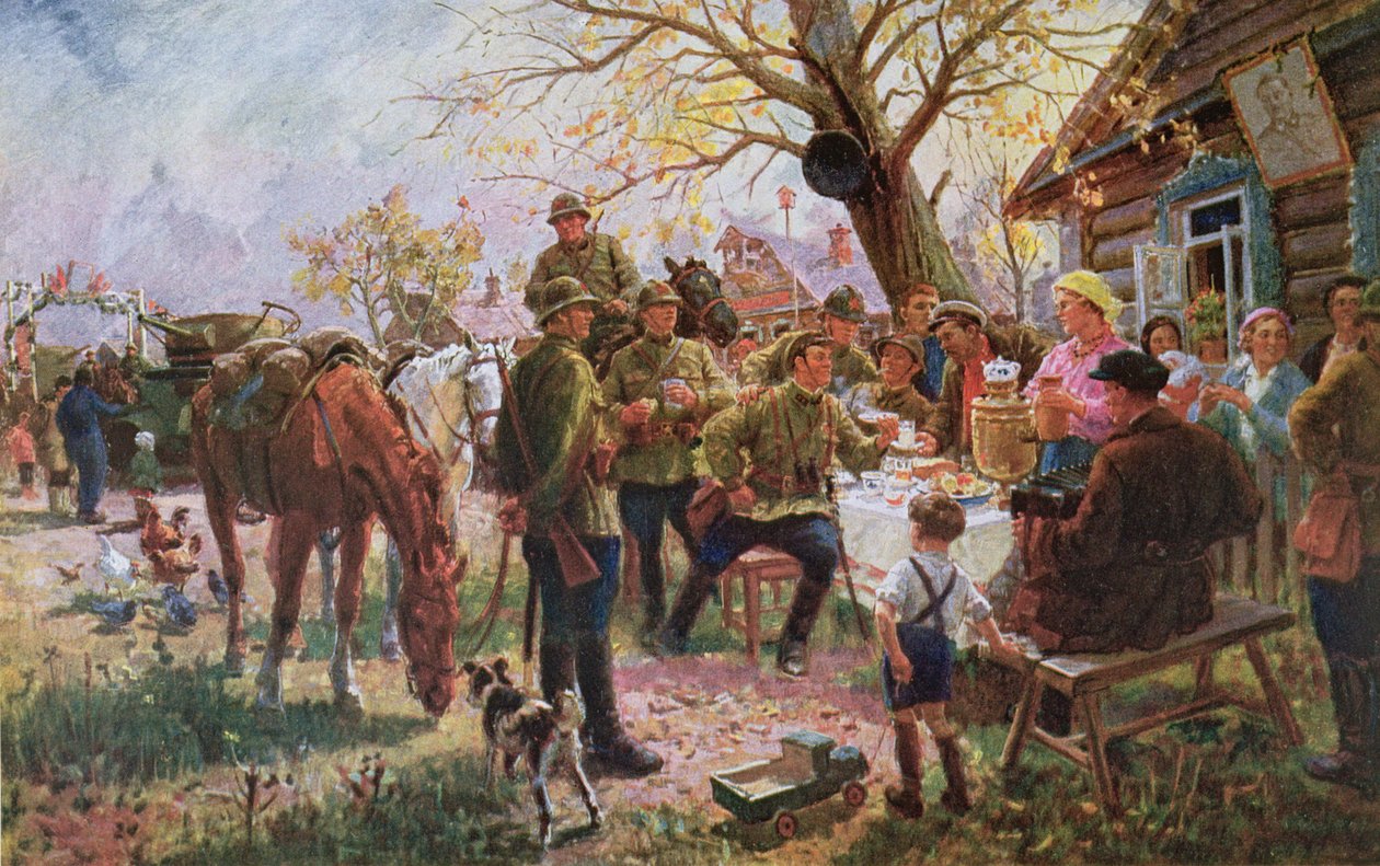 Soldater fra Den Røde Hær på manøvre modtager en velkomst og hvile på en Kolkhoze af Georgiy Konstantinovich Savitsky