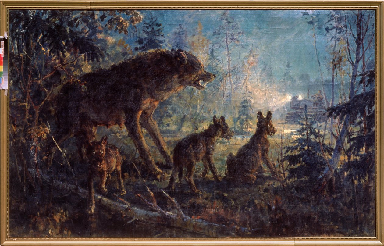 Et møde i skoven (Ulv og hendes unger foran en traktor, om natten) - Et møde i skoven - Maleri af George (Georgy, Georgi) Konstantinovich Savitsky (1887-1949), olie på lærred af Georgiy Konstantinovich Savitsky