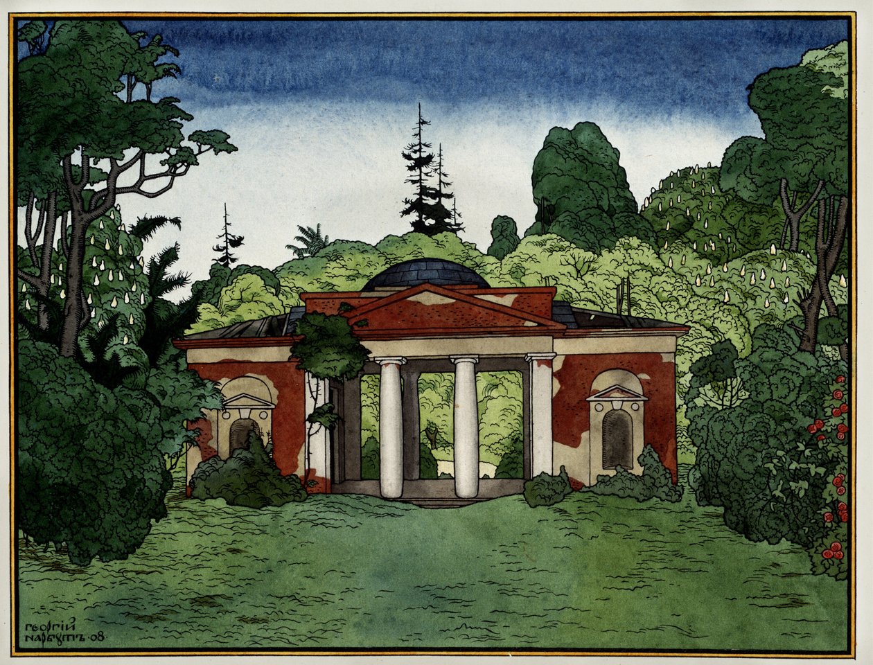 En pavillon i området Tsaritsino (Moskva, Rusland) (pavillon i Tsaritsino Park). Værk af Georgi Ivanovich Narbut (1886-1920), blæk og akvarel på papir af Georgy Narbut