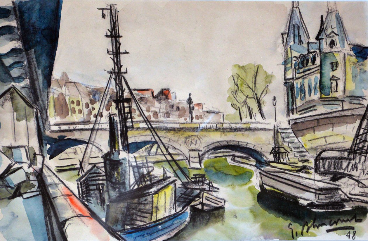 Seinen i Paris 1948 (akvarel) af Gerald Bloncourt