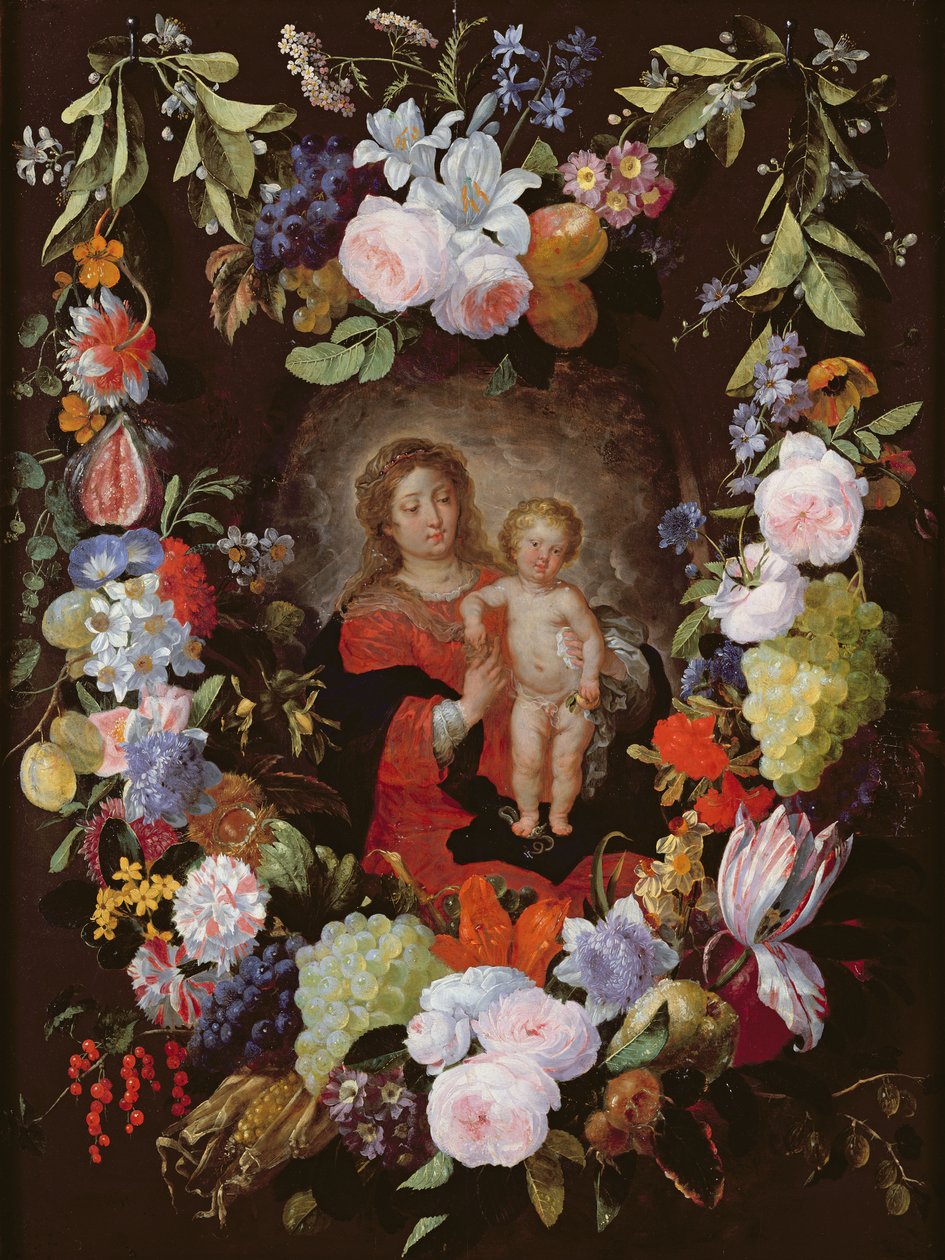 Jomfruen og barnet med en krans af blomster af Gerard Seghers