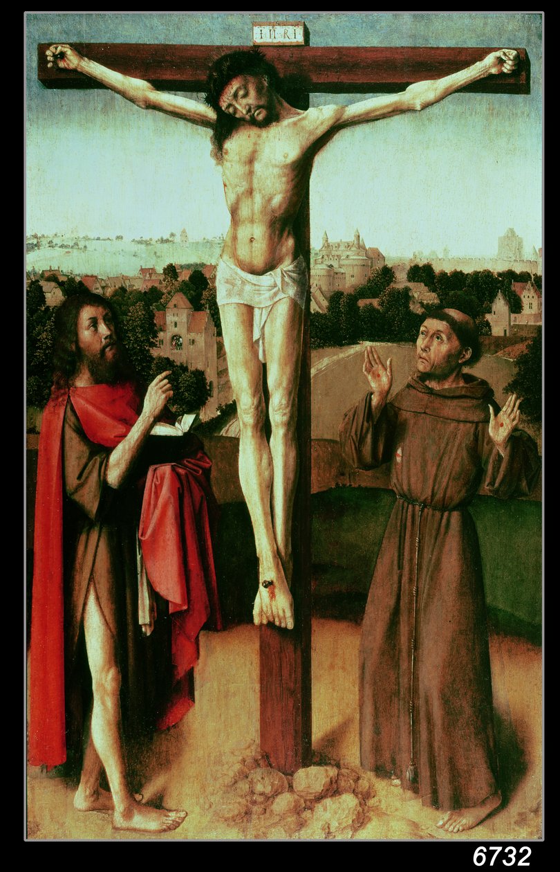 Kristus på korset mellem St. John og St. Francis (se 136582 for præ-restaureringsversion) af Gerard David