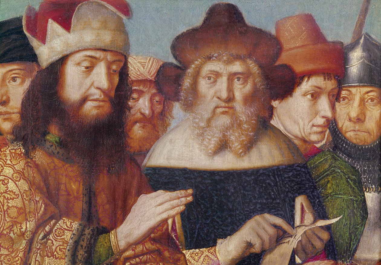 Triptykon om korsfæstelsen, venstre panel: jødiske dommere, romerske soldater detalje af hovederne, c.1480 olie på panel af Gerard David