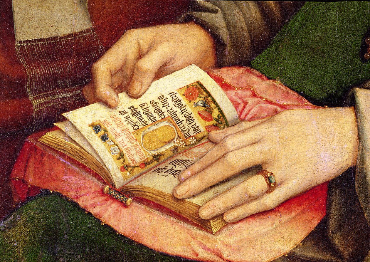 Jomfru og barn med helgener, detalje af en åben bog, ca. 1509 af Gerard David