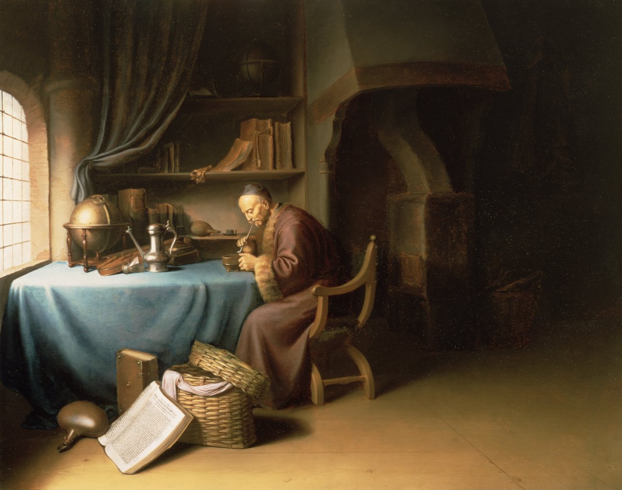 En gammel mand tænder sit rør i et studie af Gerrit Dou