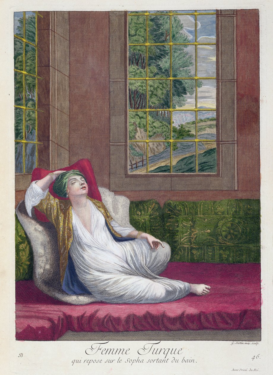 Tyrkisk kvinde, hvilende på sofaen efter et bad, 1700-tallet af Gerard Jean Baptiste Scotin