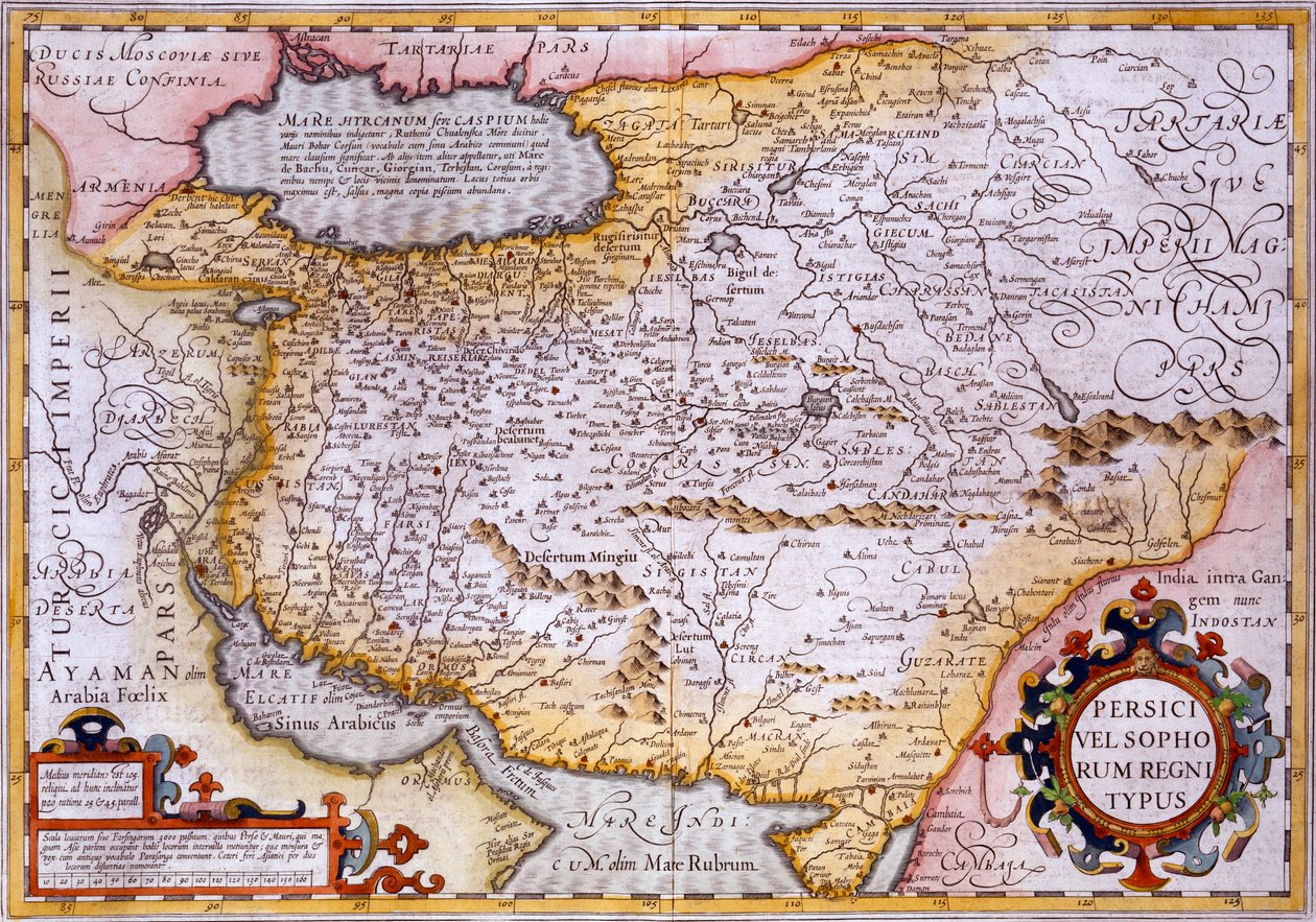 Kort over Persien, 1638 (håndfarvet gravering) af Gerardus Mercator