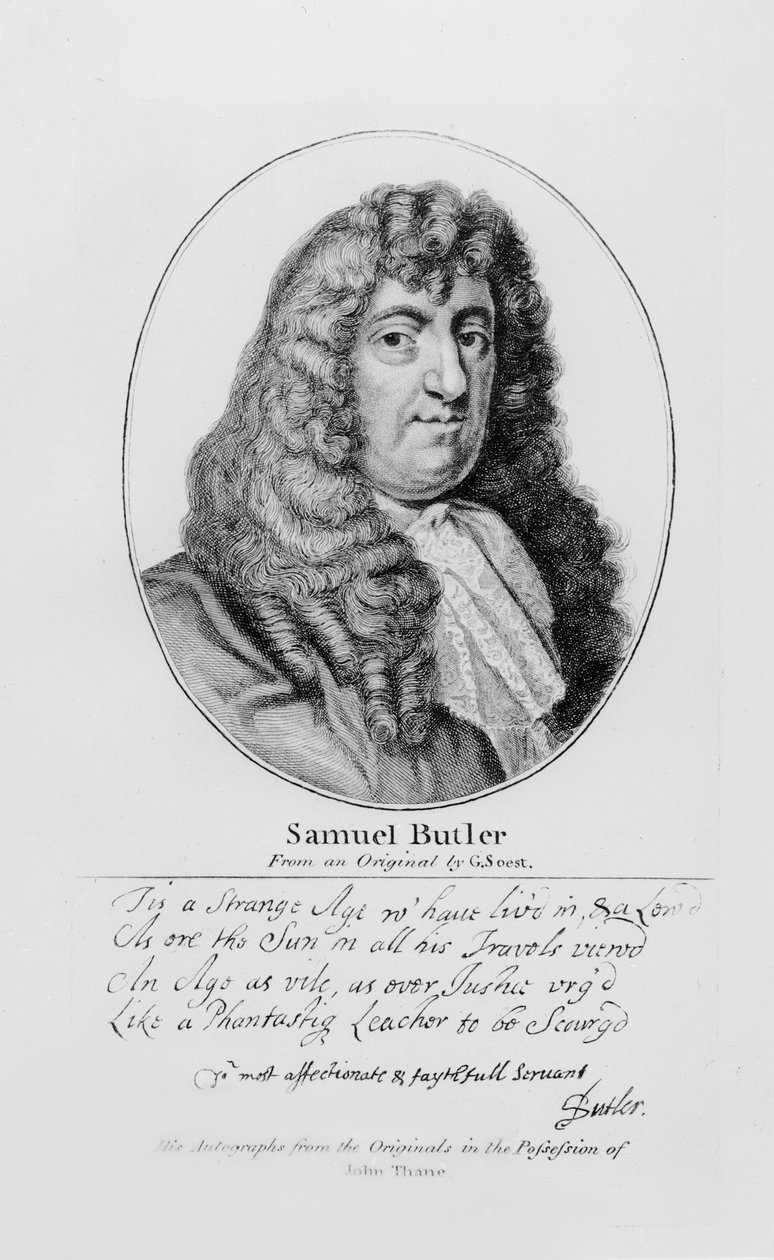 Portræt af Samuel Butler (1612-80) med en prøve af hans håndskrift af Gerard Soest