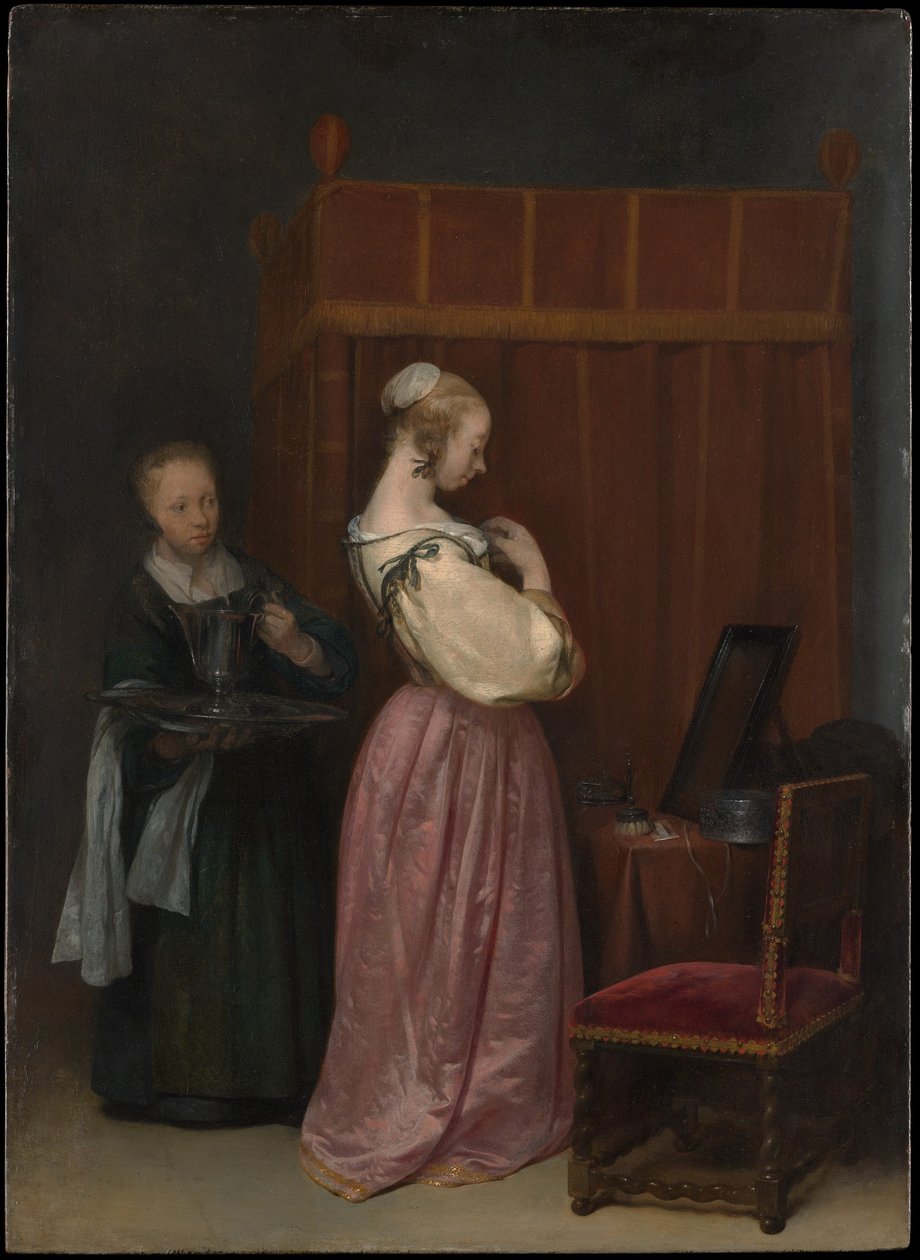 Ung kvinde på sit toilet med en stuepige af Gerard ter Borch