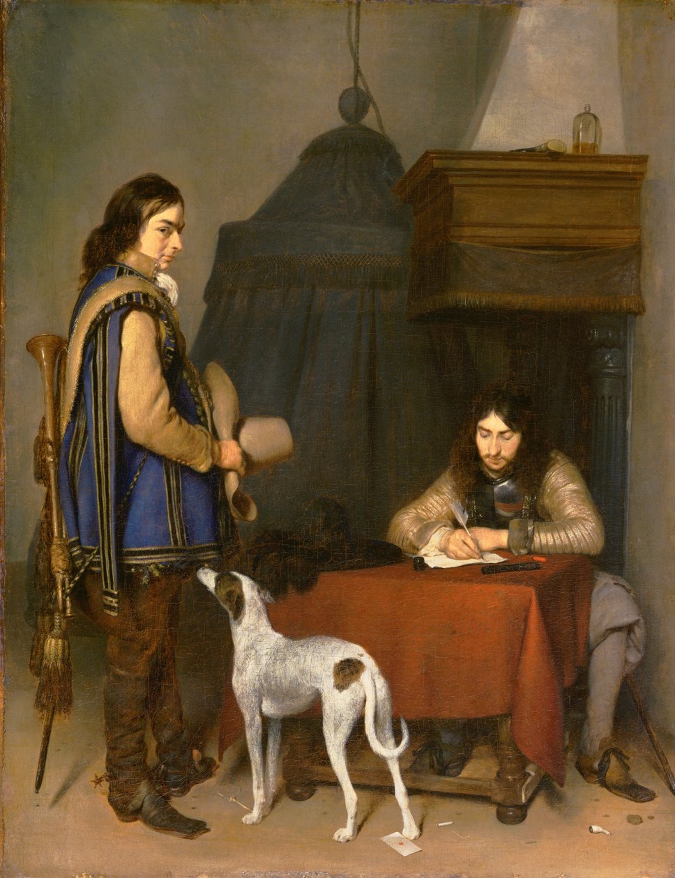 Betjent skriver et brev med en trompetist af Gerard ter Borch