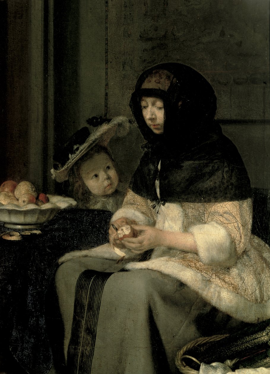 Æbleskrælleren, 1660 (detalje af 13129) (olie på lærred på panel) af Gerard ter Borch