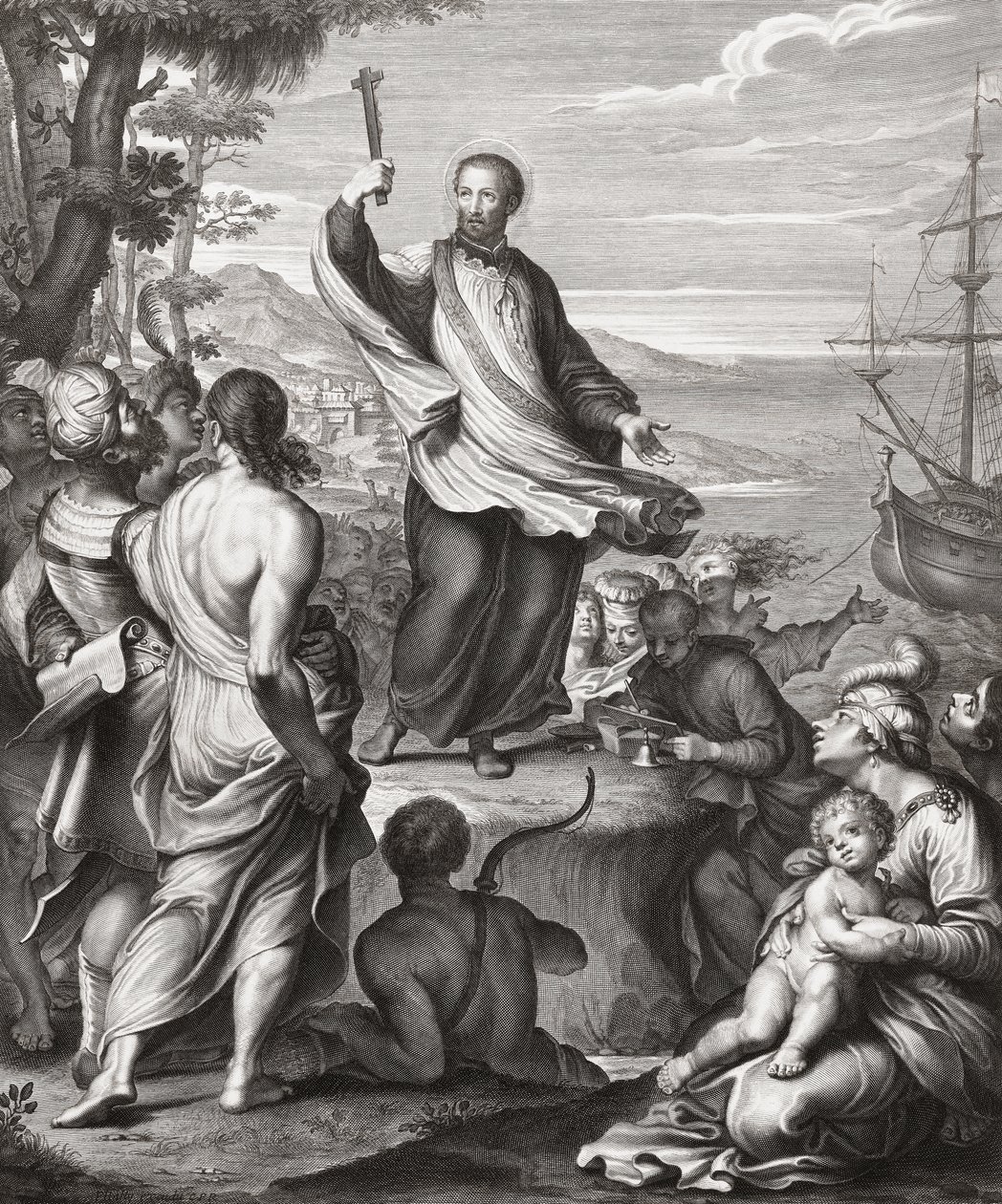 Sankt Frans Xavier prædiker. (Print) af Gerard (after) Edelinck