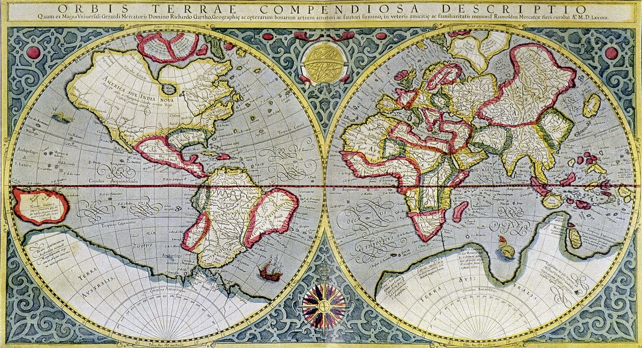 Verdenskort over Mercator (1587) - i "Universet og menneskeheden" af H. Kraemer af Gerard (after) Mercator