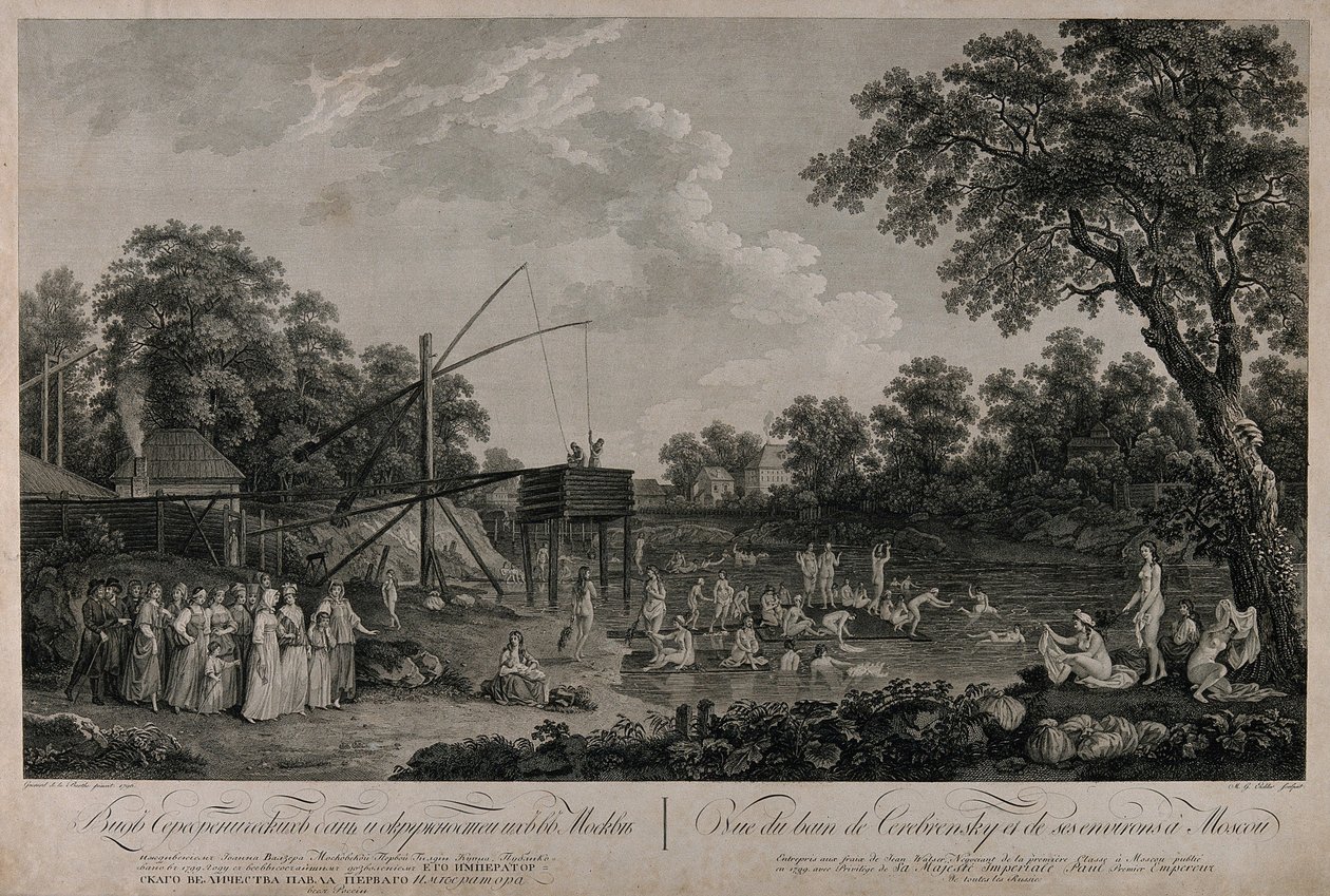 Udsigt over Serebryanicheskaya-badehusene i Moskva, 1796. af Gerard Barthe de la