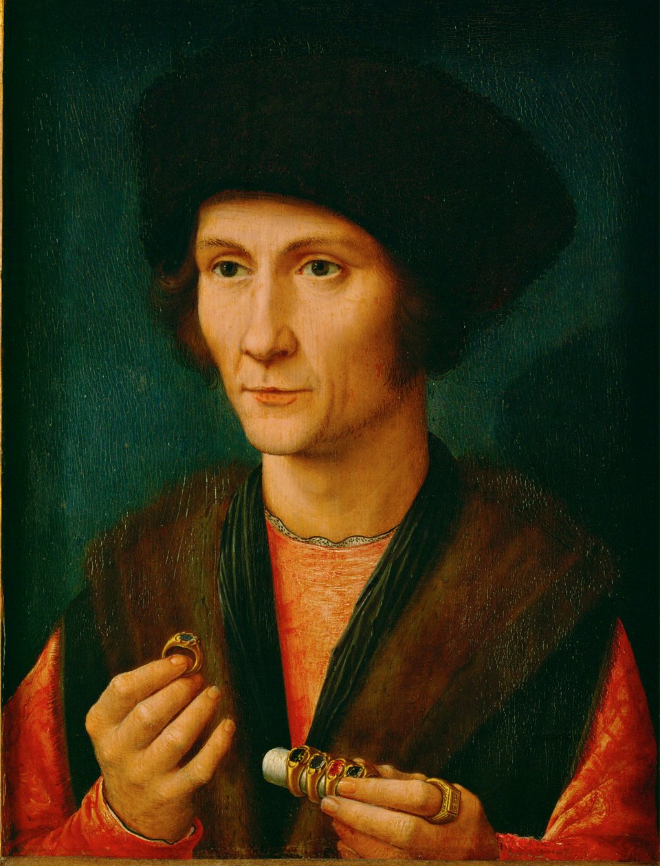 En guldsmed, måske Jacques Cnoop, svigerfar til Gerard David ... (olie på egetræ) af Gerard David