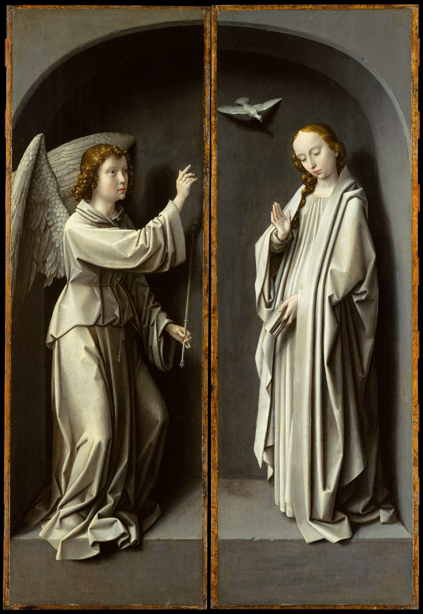 Ærkeenglen Gabriel; The Virgin Annunciate, ca. 1510 (olie på egetræspanel) af Gerard David