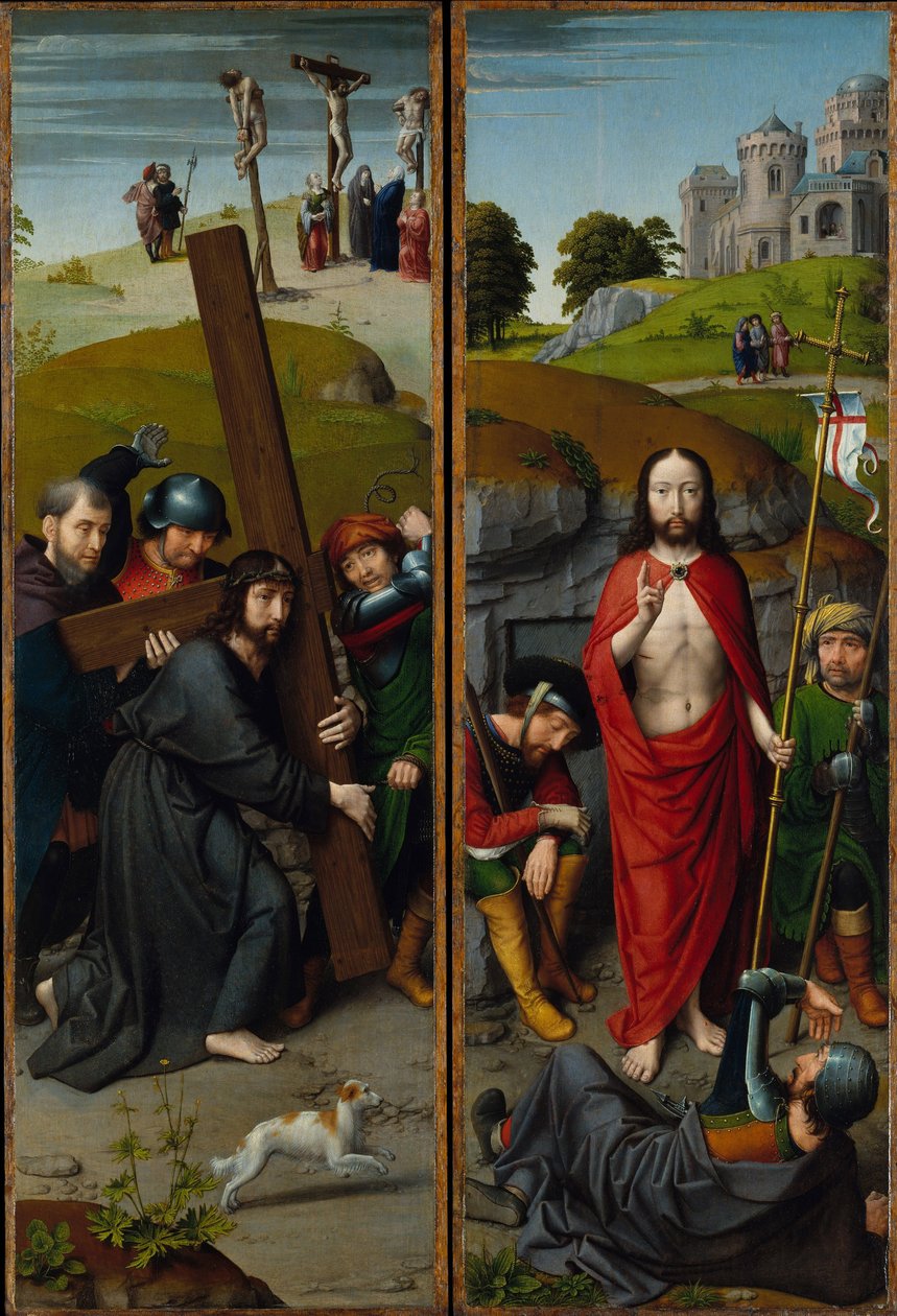 Kristus, der bærer korset, med korsfæstelsen; Opstandelsen med Emmaus-pilgrimmene, ca. 1510 (olie på egetræspanel) af Gerard David