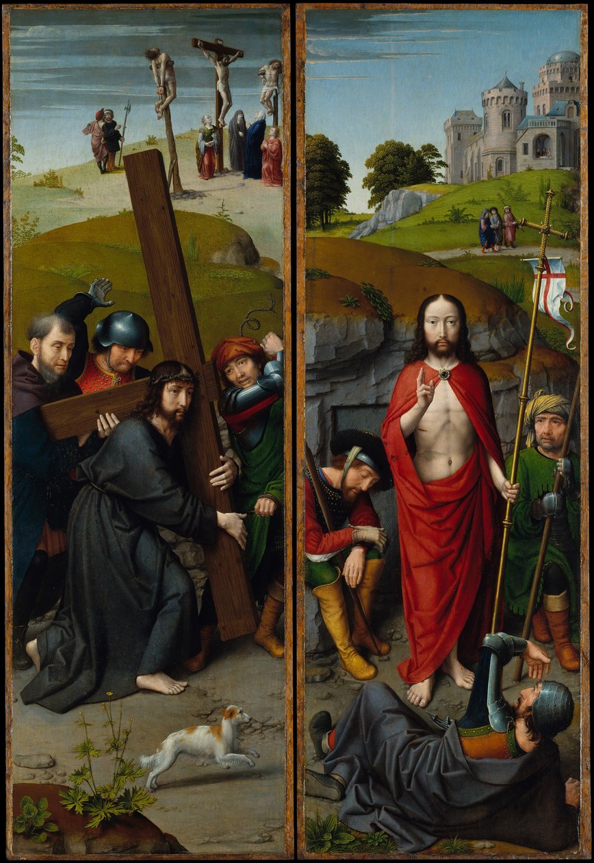 Kristus der bærer korset, med korsfæstelsen, opstandelsen, med pilgrimmene..., ca. 1510. af Gerard David