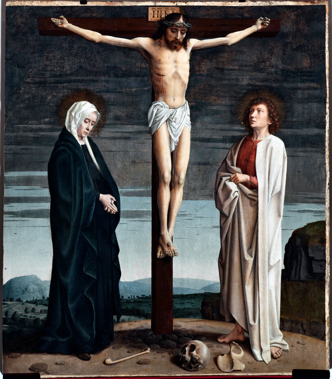 Korsfæstelsespolyptykonpanel fra San Gerolamo della Cervara-kirken - Maleri af Gerard David (ca. 1460-1523) 1506 Dim 90x100 cm Genes Musei di Strada Nuova (ex Palazzo Bianco) Italien af Gerard David