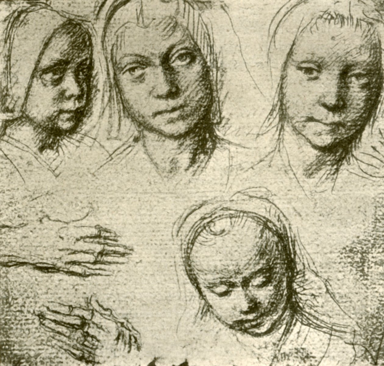 Fire hoveder af en ung pige og to hænder, c1500-1505, 1908. af Gerard David