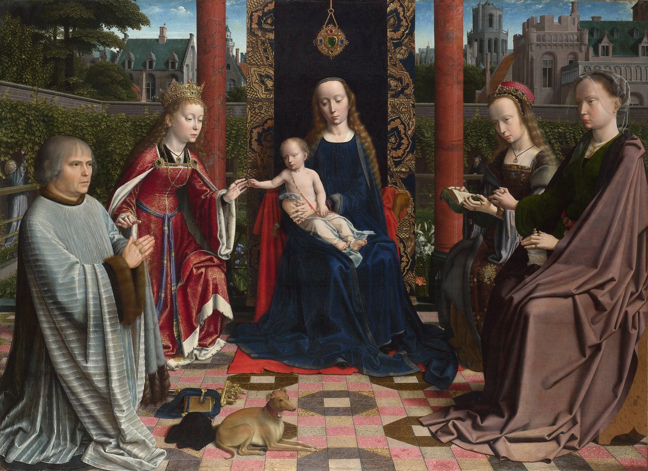 Fransk:  Le mariage mystique de Sainte Catherine, par Gérard David Jomfruen og barnet med helgener og donor af Gerard David