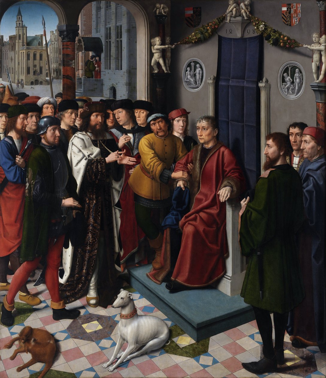 The Judgment of Cambyses (den persiske kong Cambyses II (død 522 f.Kr.) fordømmer dommer Sisamnes til at blive flået i live, for at have afsagt en dom i bytte for penge) - The Judgment of Cambyses (venstre panel) - Maleri af Gerard David (ca. 1460- 1523) - af Gerard David