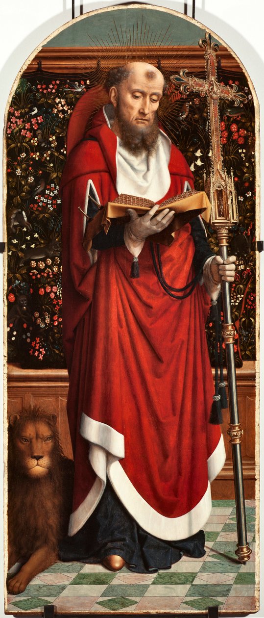 Sankt Jerome Polyptykon Panel fra kirken San Gerolamo della Cervara - Maleri af Gerard David (ca. 1460-1523) 1506 Dim 65x150 cm Genes Musei di Strada Nuova (ex Palazzo Bianco) Italien af Gerard David