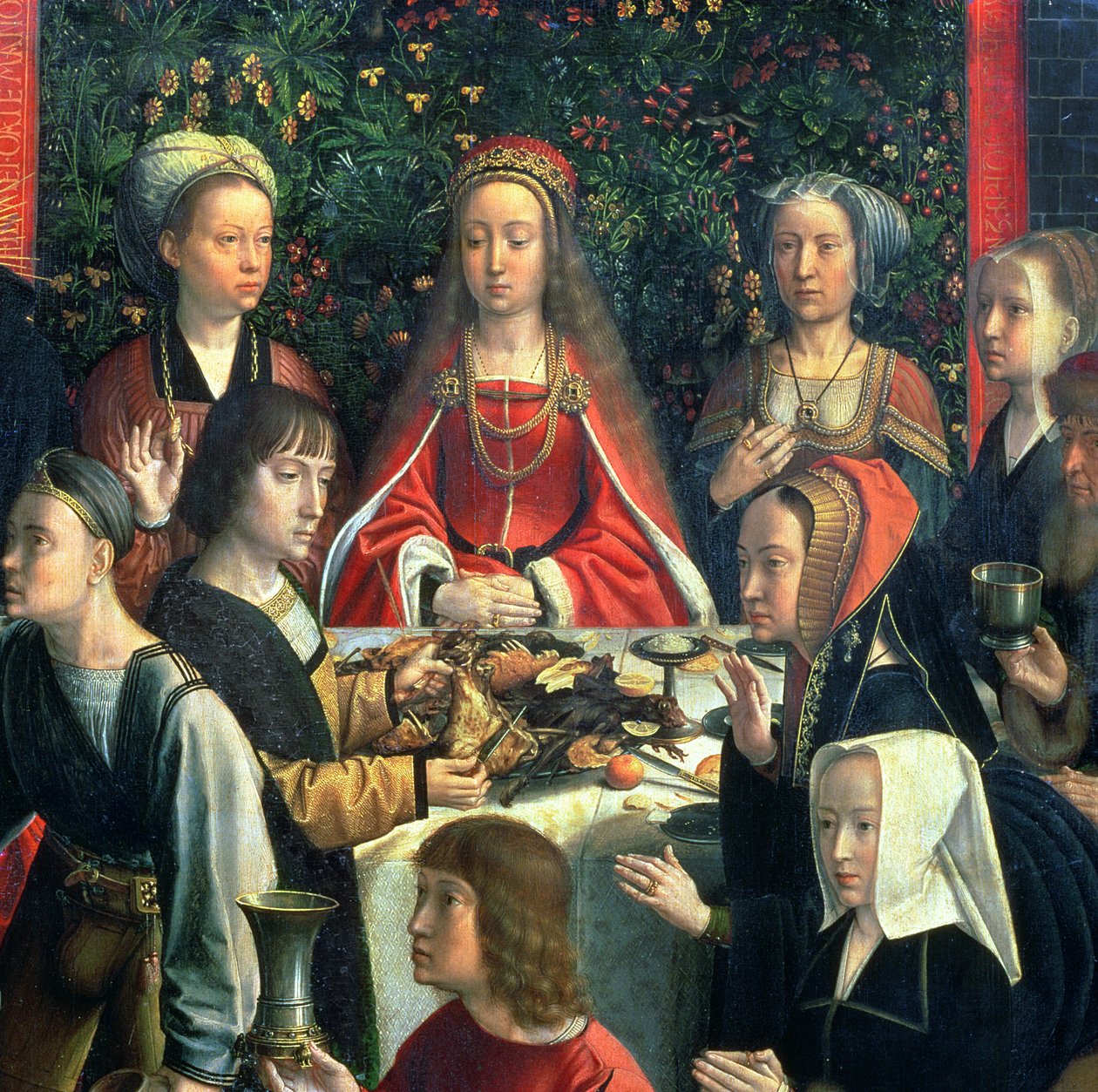 Ægteskabet i Cana, detalje af bruden og de omkringliggende gæster olie på paneldetalje af 94324 af Gerard David