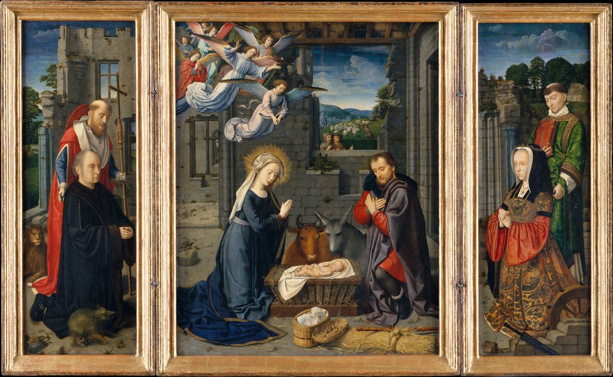 Fødselen med donorer og hellige Jerome og Leonard, ca. 1510-15. af Gerard David