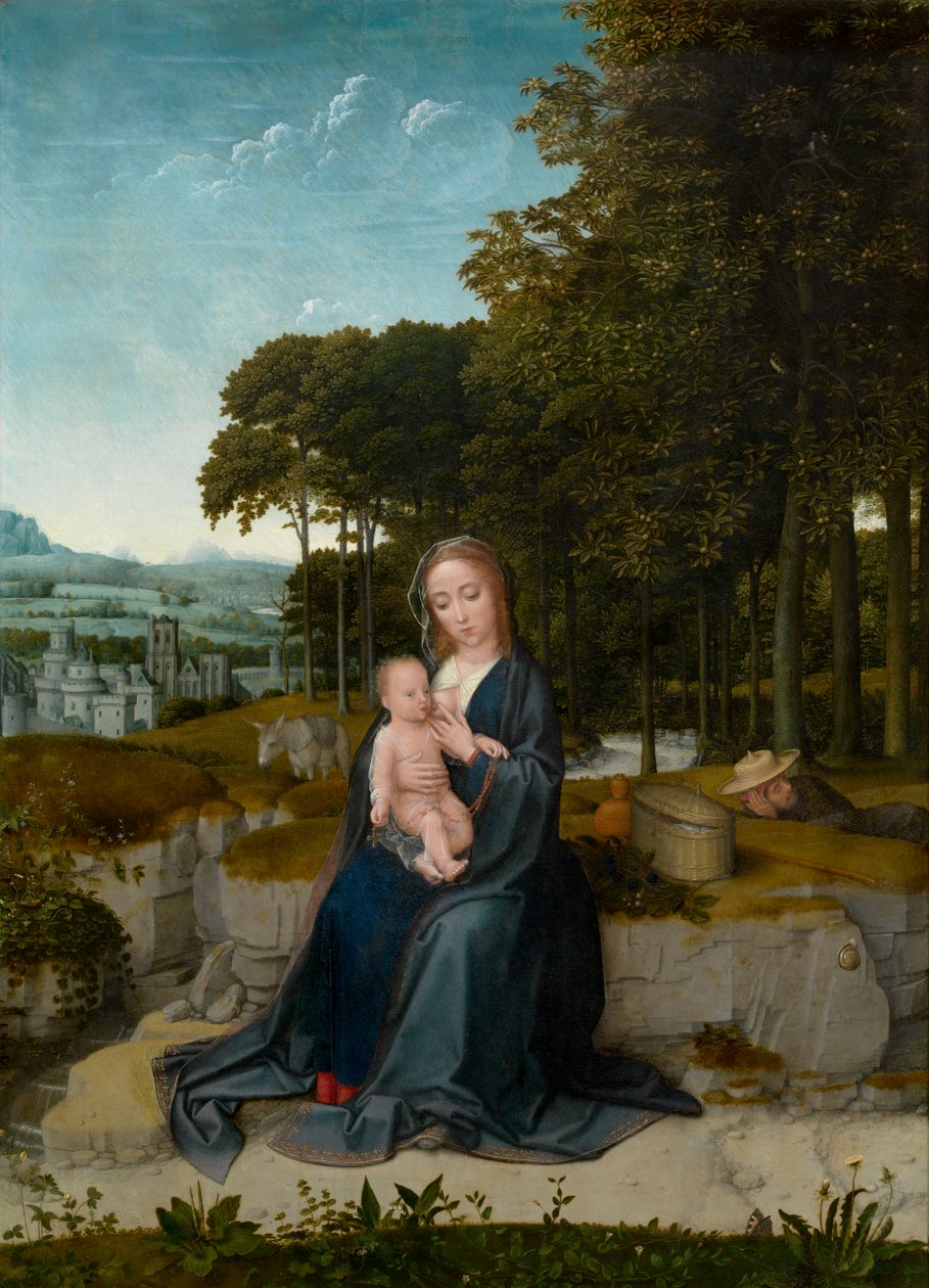 Resten på flugten til Egypten (olie på panel) af Gerard David