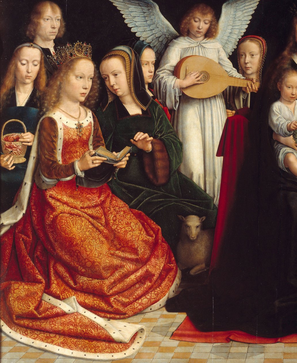 Jomfruen blandt de hellige. Detalje af Saintes: Saint Dorothee, Saint Catherine, Saint Agnes, Saint Fausta. Maleri af Gerard David (1460-1523) Ec. Flamme. af Gerard David