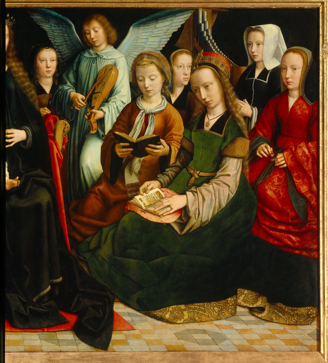 Jomfruen blandt de hellige. Detalje af Saintes: Saint Apolline (eller Apollonia), Saint Godeline, Saint Cecile, Saint Barbe, Saint Lucia. Maleri af Gerard David (1460-1523) af Gerard David