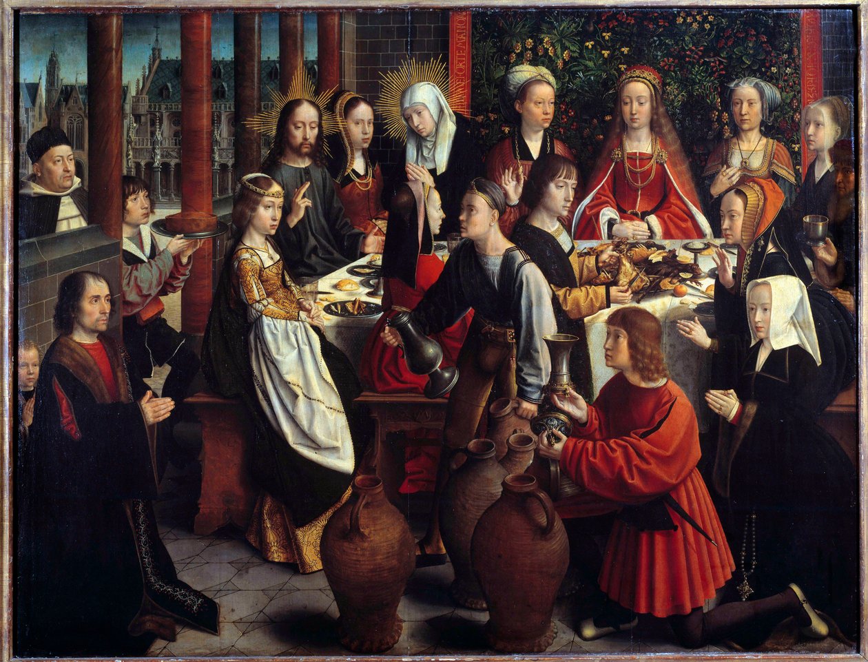 Brylluppet i Kana Miraklet med vand bliver til vin under en bryllupsbanket, hvor Jesus og Maria er inviteret. Maleri af Gerard David (1460-1523) søn. 1x1,28 m af Gerard David