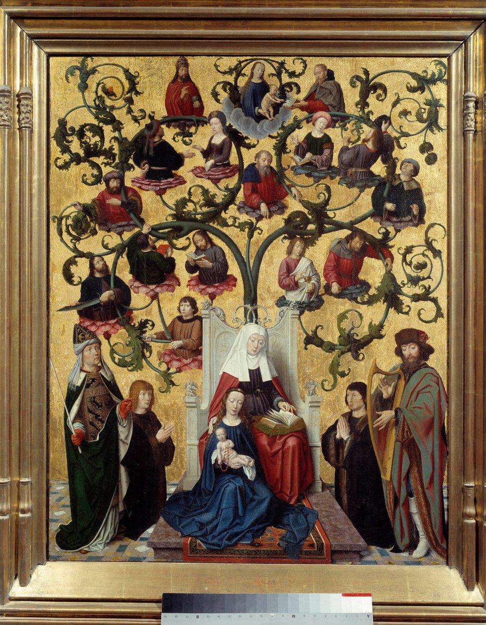 Sankt Annes linje Repræsentation af det genealogiske træ af Sankt Anne, Marias mor. Maleri på træ af Gerard David (1460-1523). 1483. Søn. 0,88 x 0,69 Lyon, Musee des Beaux Arts af Gerard David