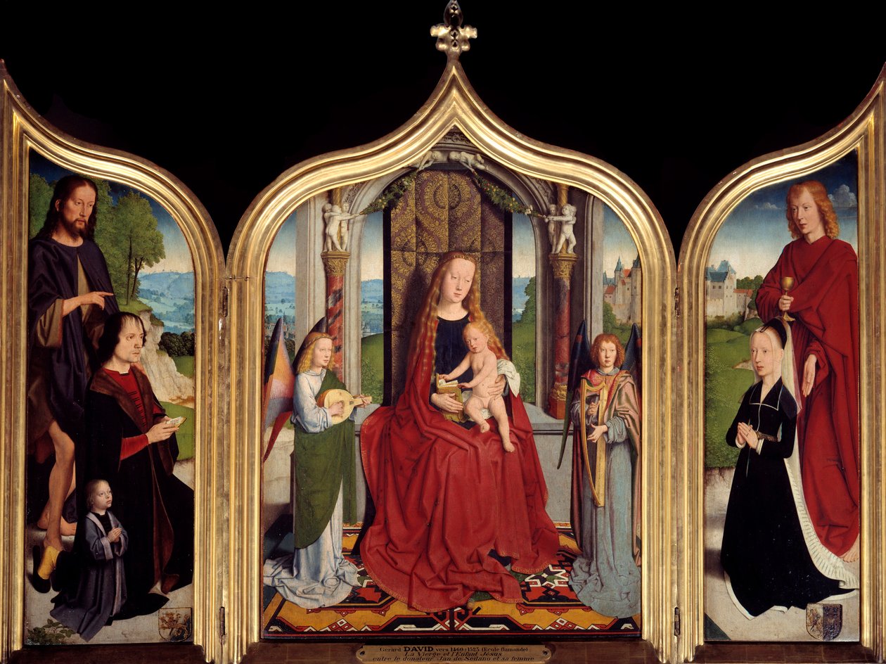 Triptych of the Sedano family: in the center the Virgin and the Child between two musical angels, on the left John of Sedano and his son presented by Saint John the Baptist, on the right his wife and Saint John the evangelist. Painting by Gerard Daviddani af Gerard David
