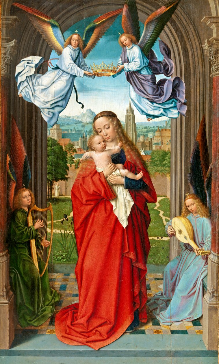 Jomfru og barn med fire engle, ca. 1510-15 (olie på træ) af Gerard David