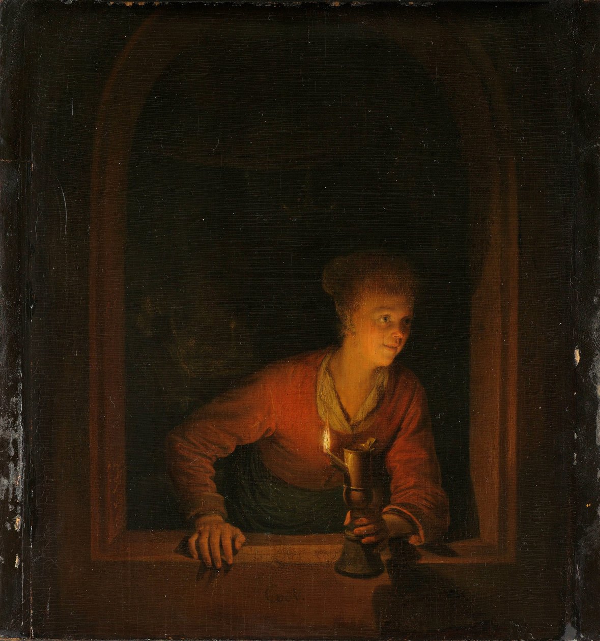 Pige med en olielampe ved et vindue af Gerrit Dou