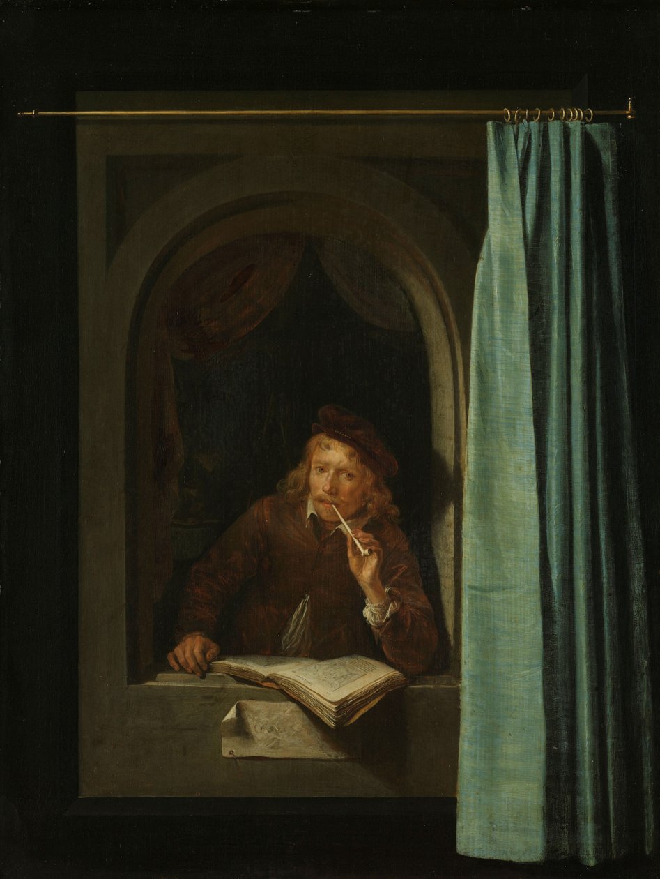 Mand, der ryger en pibe. Selvportræt, 1650. af Gerrit Dou