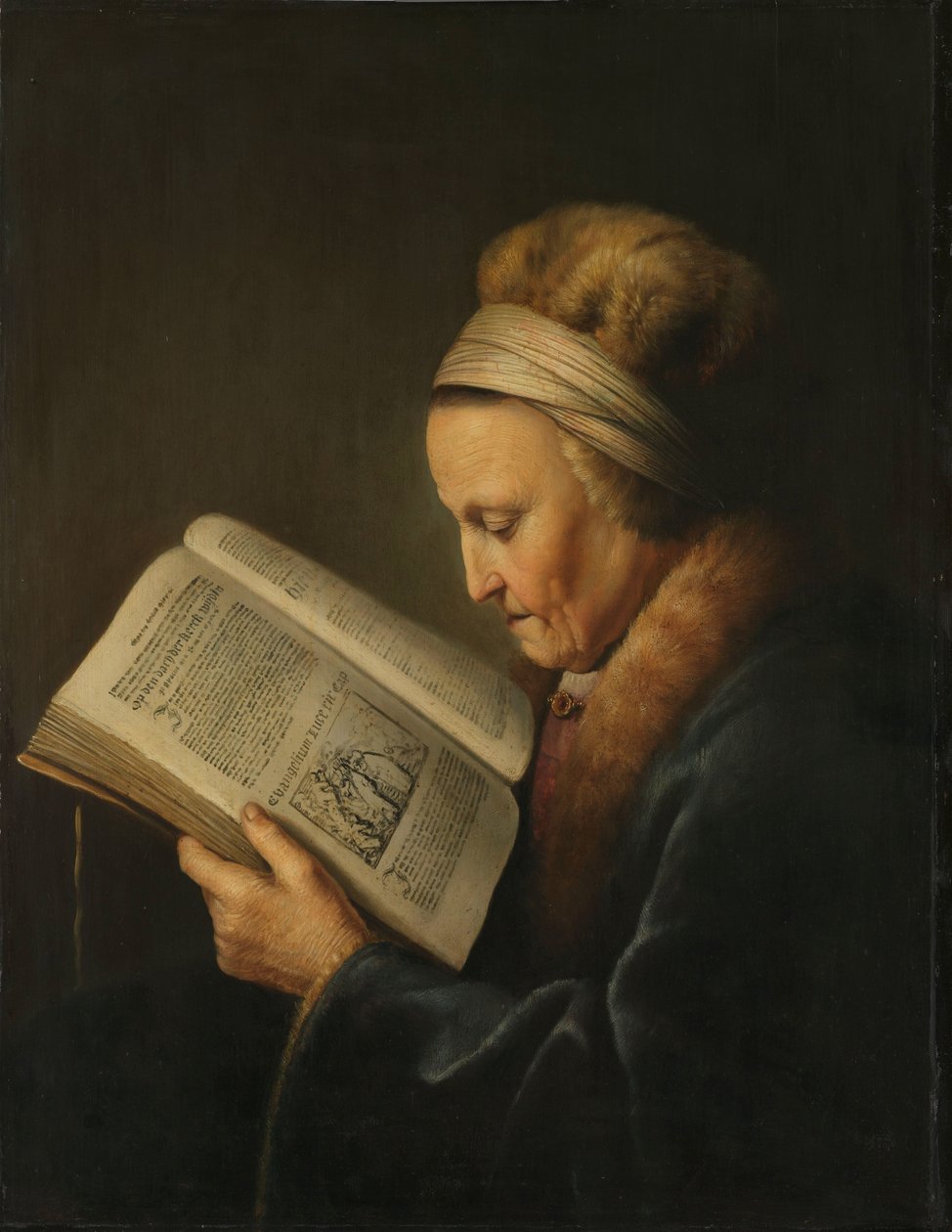 Gammel kvinde læser Gammel kvinde læser en lektionsbog: det såkaldte portræt af Rembrandts mor, Neeltgen Willemsdr van Zuijdtbroeck (d. 1640) af Gerrit Dou