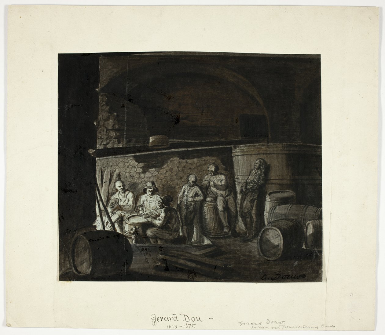 Vinkælder med mænd, der spiller kort af Gerrit Dou